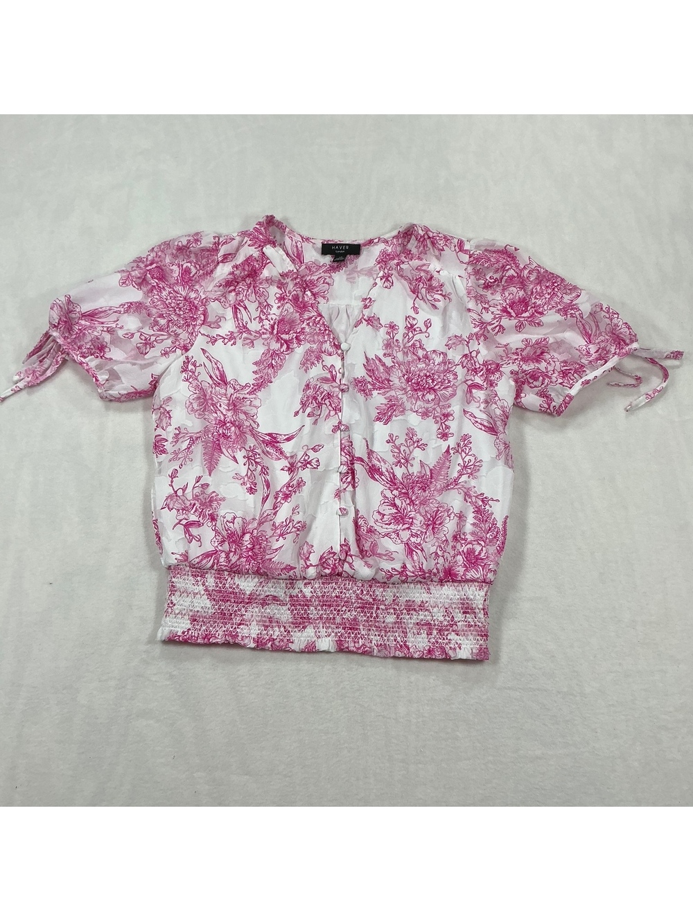 Haver Pink Floral Smocked Crop Blouse Women’s‎ Medium Short Sleeve Boho Top